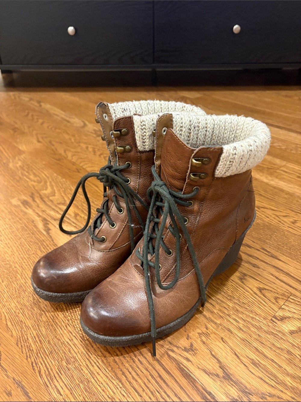 Women's Brown Lace-Up Wedge Boots with Knit Cuff